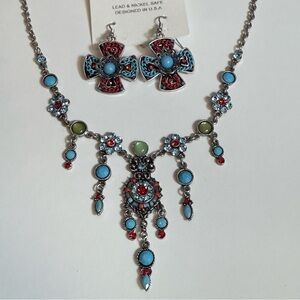 Boho Southwest Turquoise Color Rhinestone Western Necklace Earrings
